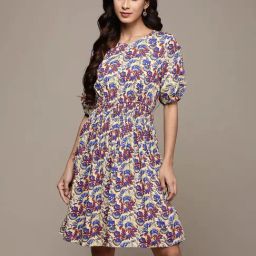 Label Ritu Kumar Light Yellow Printed Fit & Flare Dress-image-70