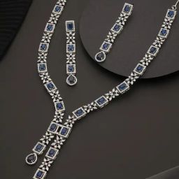 Priyaasi Floral Block Drop Blue Necklace & Earring Set for Women-13