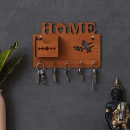 eCraftIndia Brown Wood Carved 5 Hooks Key Holder With Mobile Holder-13