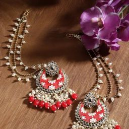Karatcart Red Meena Floral Design Gold Plated Pearl and Tumble Studded Kundan Kaanchain Earrings-image-5
