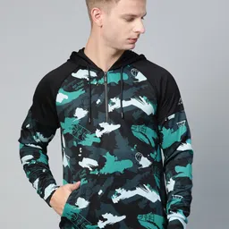 Alcis Men Navy Blue & Black Camouflage Printed Hooded Sweatshirt-image-6