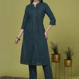 FASHOR Embroidered Notch Neck Mirror Work Mandarin Collar Pure Cotton Kurta With Trousers-43