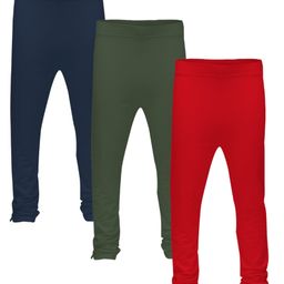 3PIN Pack Of 3 Full Length Solid Leggings - Navy Blue Olive Green & Red-image-36