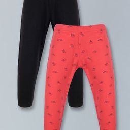 Plum Tree Pack Of 2 Solid & Lady Bug Printed Leggings - Black Coral Pink-image-86