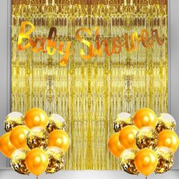 Bubble Trouble Baby Shower Party Decor Cursive Banner Foil Curtains Confetti & Metallic Balloons Gold Pack of 23 Piece-image-1