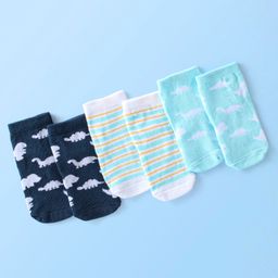Cute Walk By Babyhug Anti Bacterial Ankle Length Socks Striped & Dino Design Pack Of 3 - Blue & White-image-84