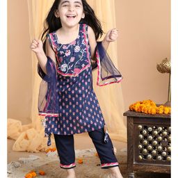 Kinder Kids Sleeveless Ethnic Lotus Flower Printed & Lace Embellished Coordinating Kurta & Pant Set - Blue-image-83