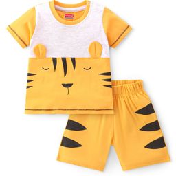 Babyhug Cotton Knit Half Sleeves Night Suit With Tiger Print - Yellow & Black-image-18