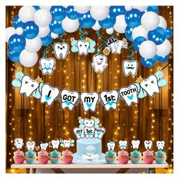 Zyozi I Got My First Tooth Decoration Items - Banner, Balloons, Swirls Hangings Blue And White - Pack Of 44-picture-23