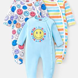 Babyhug Interlock Full Sleeve Striped Sleepsuits Smiley Print Pack of 3 - Multicolor-image-83
