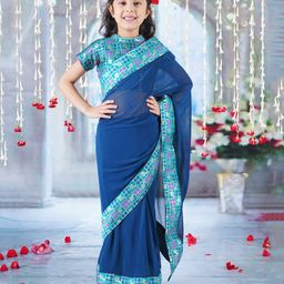 Little Bansi Half Sleeves Floral Printed Coordinating Blouse & Saree Set - Blue & Peacock Green-image-81