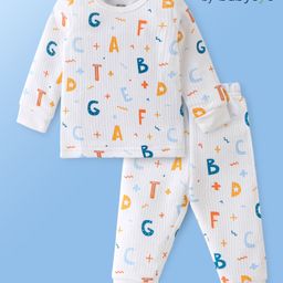 Babyoye Cotton Knit Drop Needle Full Sleeves Thermal Inner Wear Set With Alphabates Print - White-image-5