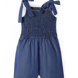 Pine Kids Cotton Woven Sleeveless Jumpsuit with Bow & Smocking Detailing - Blue-image-48