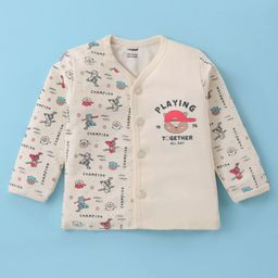 Cucumber Interlock Cotton Knit Full Sleeves Front Open Jhabla With Animals Print - Cream-picture-17