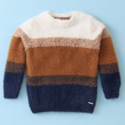 Yellow Apple Knitted Full Sleeves Pullover Sweater With Colour Block & Stripes Design - Rust-28