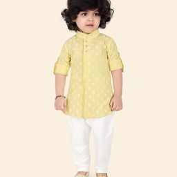 ETHNIKS NEURON Pure Cotton Full Sleeves Floral Motif Printed Kurta With Solid Pyjama Set - Lemon Yellow-image-49