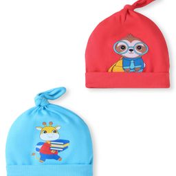 Babyhug Interlock Knit Caps With Animal Print Pack Of 2 - Red & Sky Blue-image-39