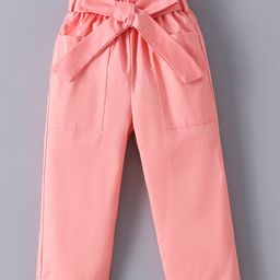 Mark & Mia Full Length Solid Cotton Trouser With Paper Bag Waist & Bow Applique - Pink-image-36