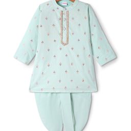 Babyhug Cotton Woven Full Sleeves Kurta Dhorti Set with Floral Embroidery - Sea Green-picture-20