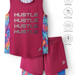Pine Active Knit Sleeveless T-Shirt & Shorts Set with Hustle Text Print - Maroon-image-44