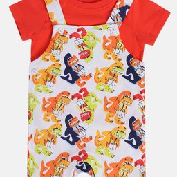 MINI KLUB Cotton Dinosaur Printed Dungaree With Half Sleeves Solid Tee Set - Red-image-36