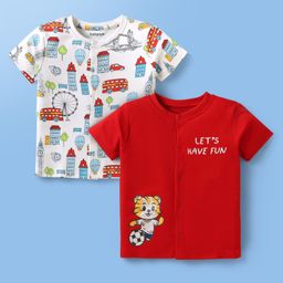 Babyoye 100% Cotton Knit With Eco Jiva Finish Half Sleeves Front Open Jhablas Animal Print Pack of 2 - Red & White-image-52
