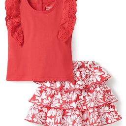 Babyhug Single Jersey Knit Frill Sleeves Top & Layered Skirt with Floral Print & Bow Applique - Red-image-27