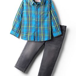 Babyhug Cotton Woven Full Sleeves Shirt & Jeans with Checks - Blue & Grey-picture-14