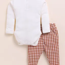Cot & Candy Organic Cotton Full Sleeves Solid Onesie & Checked Leggings Set - White & Brown-picture-31
