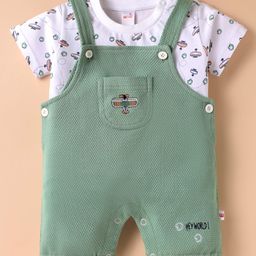 WOW Clothes Interlock Knit Half Sleeves T-Shirt & Dungaree Set with Airplane Print - Olive Green & White-image-72