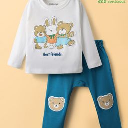 Babyoye 100% Cotton Knit With Eco Jiva Finish Full Sleeves T-Shirt & Trouser Set With Teddy Print - White & Navy Blue-image-56