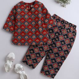 The Magic Wand Cotton Woven Three Fourth Sleeves Floral Printed Coordinating Night Suit Set - Maroon-image-83