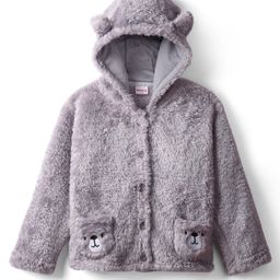 Babyhug Fur Knit Full Sleeves Hooded Winter Jacket With Teddy Bear Embroidery & Ear Applique - Grey-image-85