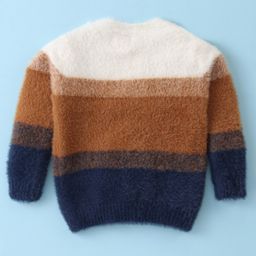 Yellow Apple Knitted Full Sleeves Pullover Sweater With Colour Block & Stripes Design - Rust image 2