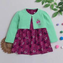 Bumzee Kids Maroon & Mint Green Printed Full Sleeves Frock with Shrug-image-83