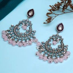 Karatcart Oxidized Silver Pink Beads Purple Kundan Chand Bali Earrings-20