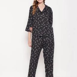 Clovia Black Printed Shirt With Pyjamas-image-41
