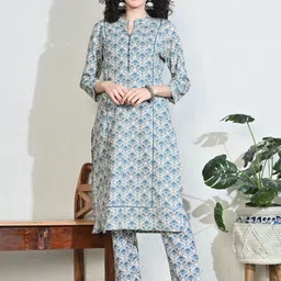 MEESAN Floral Printed Mandarin Collar Pure Cotton Kurta With Trousers-image-55