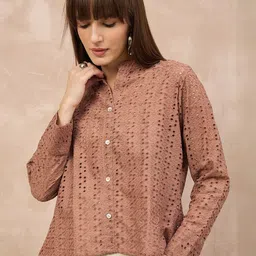 Moda Rapido Embroidered Mandarin Collar Cotton Shirt Style Top-picture-40