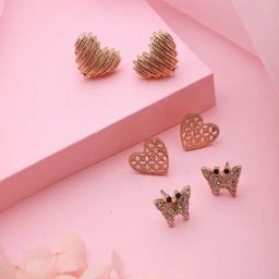 Aatmana Gold-Plated Cubic Zirconia Heart & Butterfly Shaped Stud Earrings - Set of 3-17