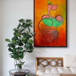 999Store Brown Canvas Modern Abstract Lord Ganesha Wall Painting-43