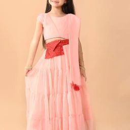 LilPicks Kids Peach Solid Lehenga, Choli, Dupatta with Purse-image-4