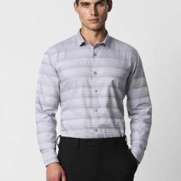 V Dot Grey Cotton Slim Fit Striped Shirt-image-11