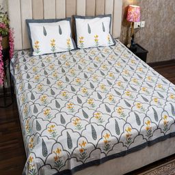 Hawamahal White & Blue Floral 350 TC King Bedsheet with 2 Pillow Covers-image-101