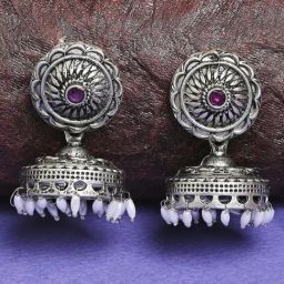 OOMPH Jewellery Oxidized Silver Maroon Stone with Beads Ethnic Jhumki-2