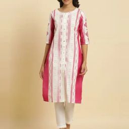 W Pink Cotton Printed Straight Kurta-image-85