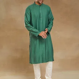 Fabindia Striped Band Collar Straight Kurta-image-42