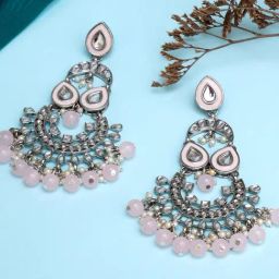 Karatcart Oxidized Silver Pink Beads Kundan Chand Bali Earrings-24