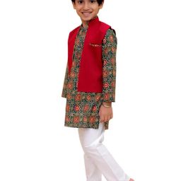 The Mom Store Boys Green Cotton Printed Kurta with Jacket and Pajama-18