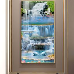 THE NEXT DECOR Gold-Toned & Blue Waterscape Glass Finish Vertical Wall Paintings-image-78